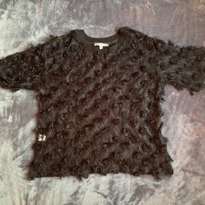 Blue Tassel Black Shaggy Fringe Tassel Textured Lace Women's Blouse Small.